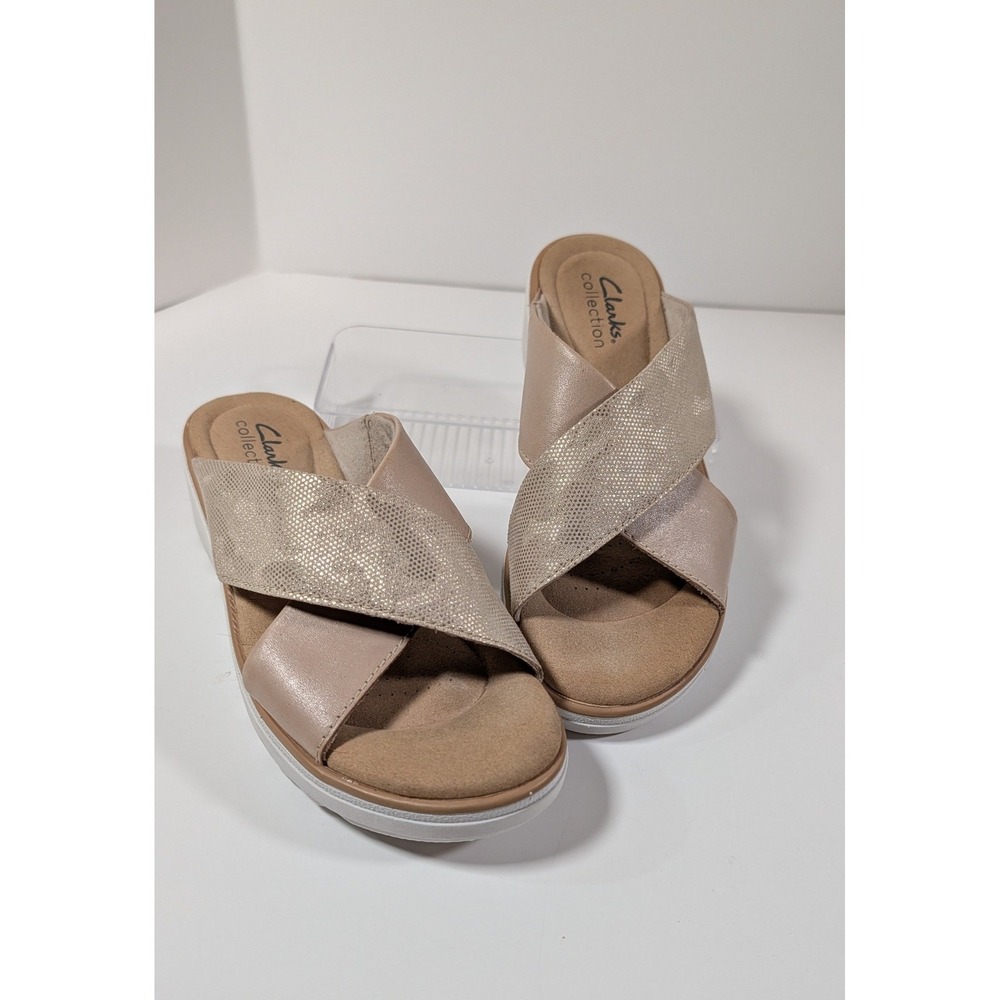 Clarks Collection Womens Arla Kaylie Sandal Beige Shimmer Wedge Slide